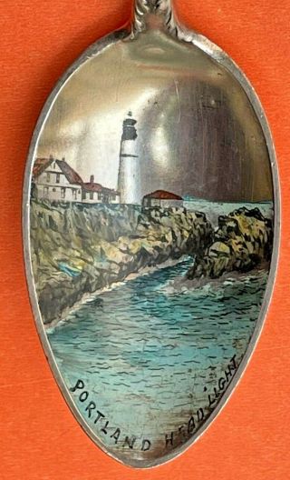 Big 5 - 7/8” Rare Painted Portland Head Light Maine Sterling Silver Souvenir Spoon