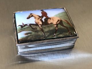 Sterling Silver Enamel Hinged Snuff Box Pill Case Painted Horse And Rider