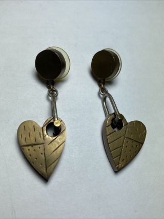 Vtg Artisan Studio Modernist Figural Drop Hearts Mixed Metal Earrings Steampunk