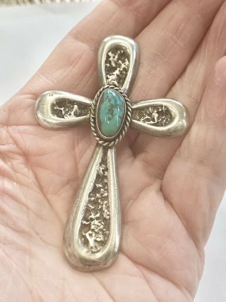 Vintage Navajo Turquoise Sand Cast Sterling Silver Cross 3”l 23.  8 Grams Stunning