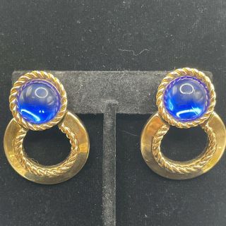 Vintage Givenchy York Royal Blue Cabochon Door Knocker Clip Earrings