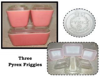 Vintage Set Of 3 Pink Pyrex Refrigerator Friggies Glass Dishes With Lids