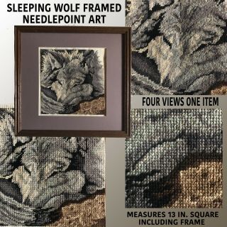 Sleeping Wolf Hand Crafted Needlepoint Art In A 13 Inch Square Frame.  Very