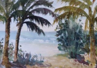 A Vintage Painting Palm Trees Beach Coastal Landscape Artist Signed American Art