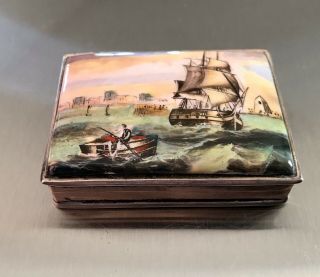Sterling Silver Enamel Hinged Snuff Case Pill Box Painted Sailing Ship Boat 59g