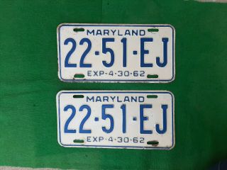 Vintage 1962 Maryland State Automobile License Plate Tags Blue Pair 22 - 51 - Ej