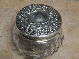 Antique Victorian Repousse Art Nouveau Sterling & Cut Crystal Powder Jar