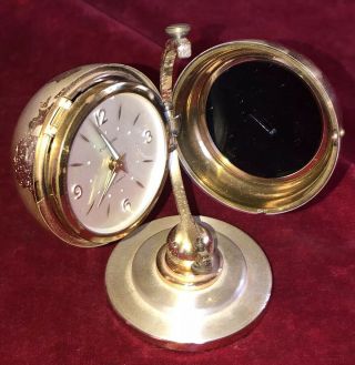 Rare Vintage Europa Gilt Brass Globe Desk Clock W Alarm & Picture Frame 1950’s