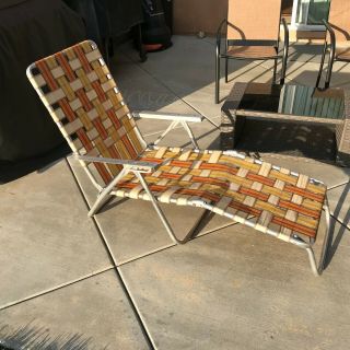 Vtg Aluminum Webbed Folding Beach Lawn Chair Chaise Lounge Orange Gold Tan Brown
