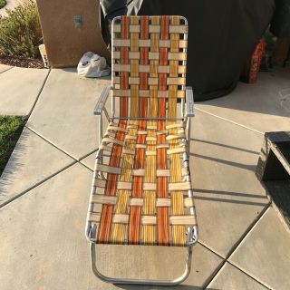 Vtg Aluminum Webbed Folding Beach Lawn Chair Chaise Lounge Orange Gold Tan Brown 2