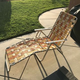 Vtg Aluminum Webbed Folding Beach Lawn Chair Chaise Lounge Orange Gold Tan Brown 3