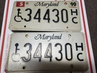 Maryland Md 1990 License Plate Pair Handicapped Hc Vintage