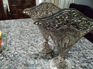 (qty - 2) 1991 Gsa Vintage Flat Fan Shaped Vase Silverplated Set Of (2)