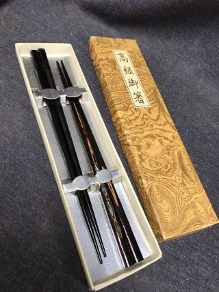 Vintage Black Lacquer Eggshell Abalone Shell Inlay Chinoiserie Chopsticks W/ Box