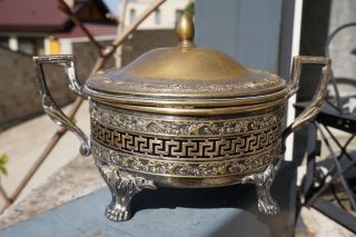 1850 French Empire Silver - Plate Sugar Candy/bonbon Basket Lidded Bowl Floral Dec