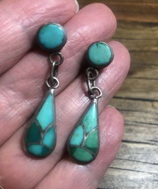 1522 Vintage Zuni Turquoise Inlay Earrings 925 Sterling Silver Signed Skj