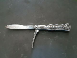 Antique All Sterling Silver Folding Fruit Pocket Knife,  Embossed Handle,  1900s