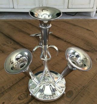 Vintage Silver Plated 4 Stem/trumpet Epergne Centerpiece Flower Holder 10 - 3/4 "