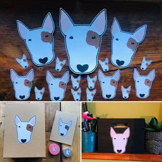 17 English Bull Terrier (with Eye Patch) Stickers.  Matt.  Various Sizes.