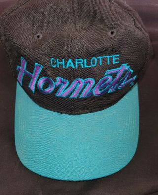 Vtg 90s Charlotte Hornets Script Snapback Hat Cap Sports Specialties Wool Rare