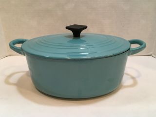 Vintage Cast Iron Enamel Le Creuset France Turquoise Oval Pot W/ Lid Marked A