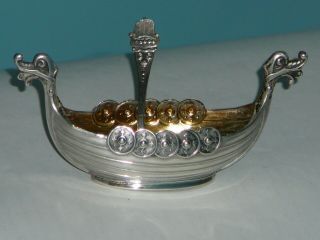 Vintage Solid Silver Norge Viking Ship Salt & Matching Spoon
