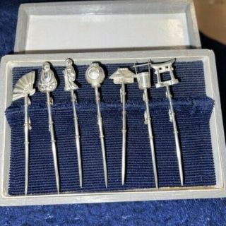 Vintage Set Of 7 Japanese Silver Bamboo Stem Figural Toothpicks