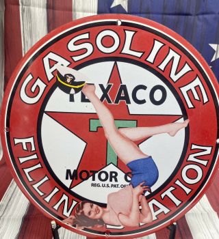 Vintage Texaco Gasoline Porcelain Gas Pin Up Airplane Service Aviation Sign