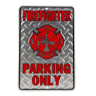 Firefighter Parking Only Embossed Diamond Plate Tin Sign Wall Decor Fireman Gift