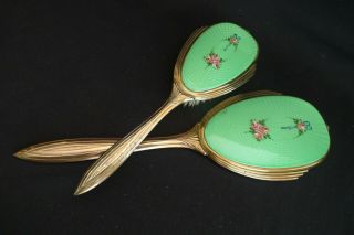 Vintage Green Floral Guilloche 2pc Vanity Dresser Set Hand Mirror And Brush 1920
