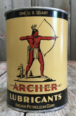 Nos Vintage 1qt Archer Lubricants Oil Tin Can Indian Warrior Graphic