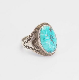 Vintage Native American Sterling Silver Carved Turquoise Signed Ring Sz 12.  75 Kk