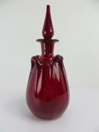 Ruby Red Vintage Hand - Blown Glass Decanter With Stopper 9.  5”