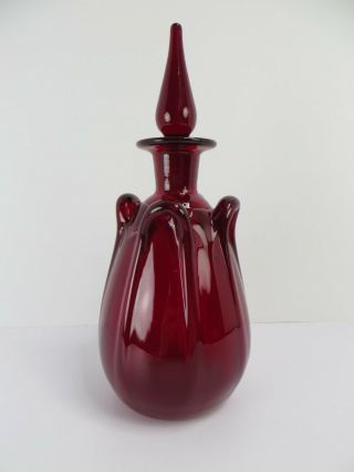 RUBY RED VINTAGE HAND - BLOWN GLASS DECANTER WITH STOPPER 9.  5” 2