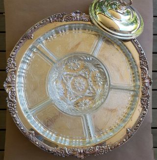 Vintage Sheridan Silver Plate Lazy Susan Pedestal Tray W/relish Dishes - 17.  5 " Dia