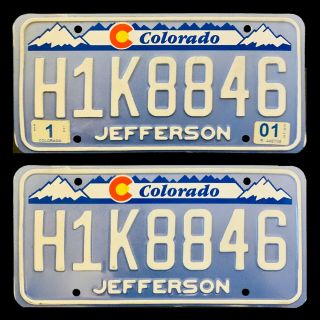 Colorado Graphic Denim Auto License Plate Pair Plates " H1k 8846 " Jefferson Co