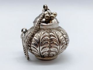 Antique Solid Silver Indian Relief Bell Snuff Tobacco Spice Ink Jar Pot Bottle