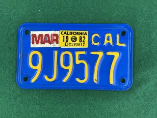 Vintage California Blue & Yellow Motorcycle License Plate March 1982 Stickers Ca