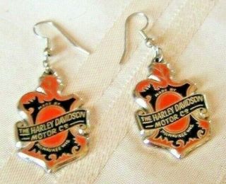 Harley Davidson Earrings Vintage Logo Bar & Shield Dangal Black Orange Tone