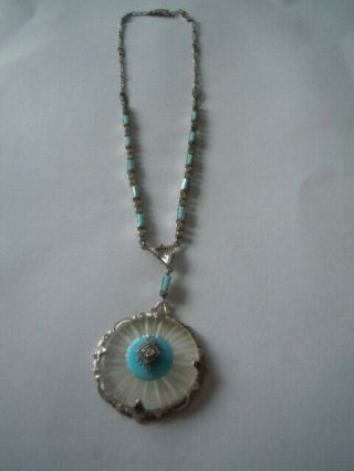 Vintage Sterling Silver And Blue Enamel Camphor Glass Necklace