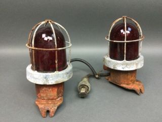 2 Vintage Red Globe Industrial Explosion Proof Cage Lights Nautical