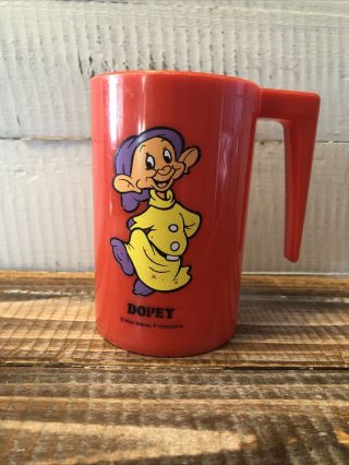 Vintage Walt Disney Production Red Plastic Dopey Cup Mug Snow White Seven Dwarfs