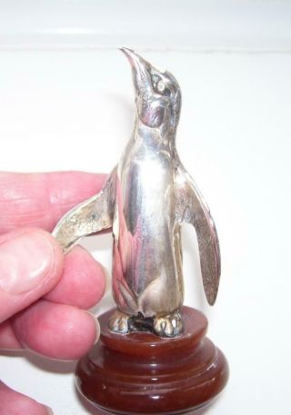 Unusual Antique Solid Silver Emperor Penguin Figure Desk Paperweight Amber Stand