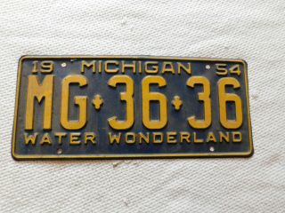 Vintage 1954 Michigan License Plate Water Wonderland