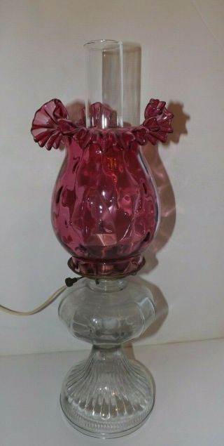 Vintage Fenton Cranberry Ruffled Optic Electric Oil Lamp 21 " Pink Art Glass