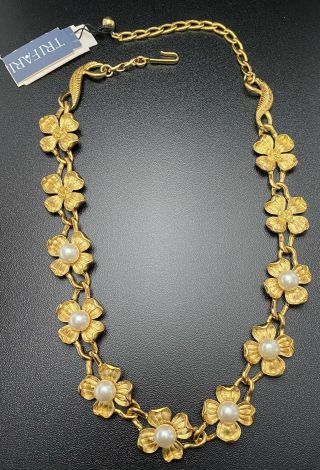 Vtg Trifari Dogwood Faux Pearl Link Collar Necklace Estate Rare Costume Jewelry