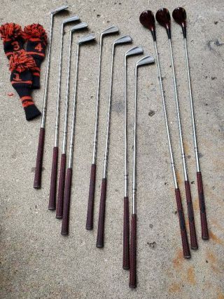 Vintage Delta Golf Clubs Left Hand 8 Irons 3 Maple Woods 3 Hand Knit Wood Covers