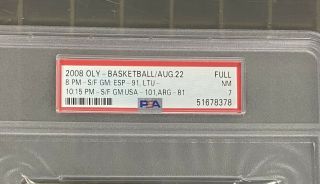 Vintage 2008 Olympics Beijing Basketball Full Ticket USA vs Argentina PSA 7 NM 2