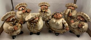 Vintage Mexican Folk Art Hand Painted Chalkware 7 Piece Mariachi Band Figurines