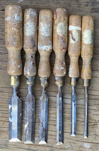 A Set Of 6 X Vintage Wood Bevel Edged Chisels Tools By Wm Marples & Sons